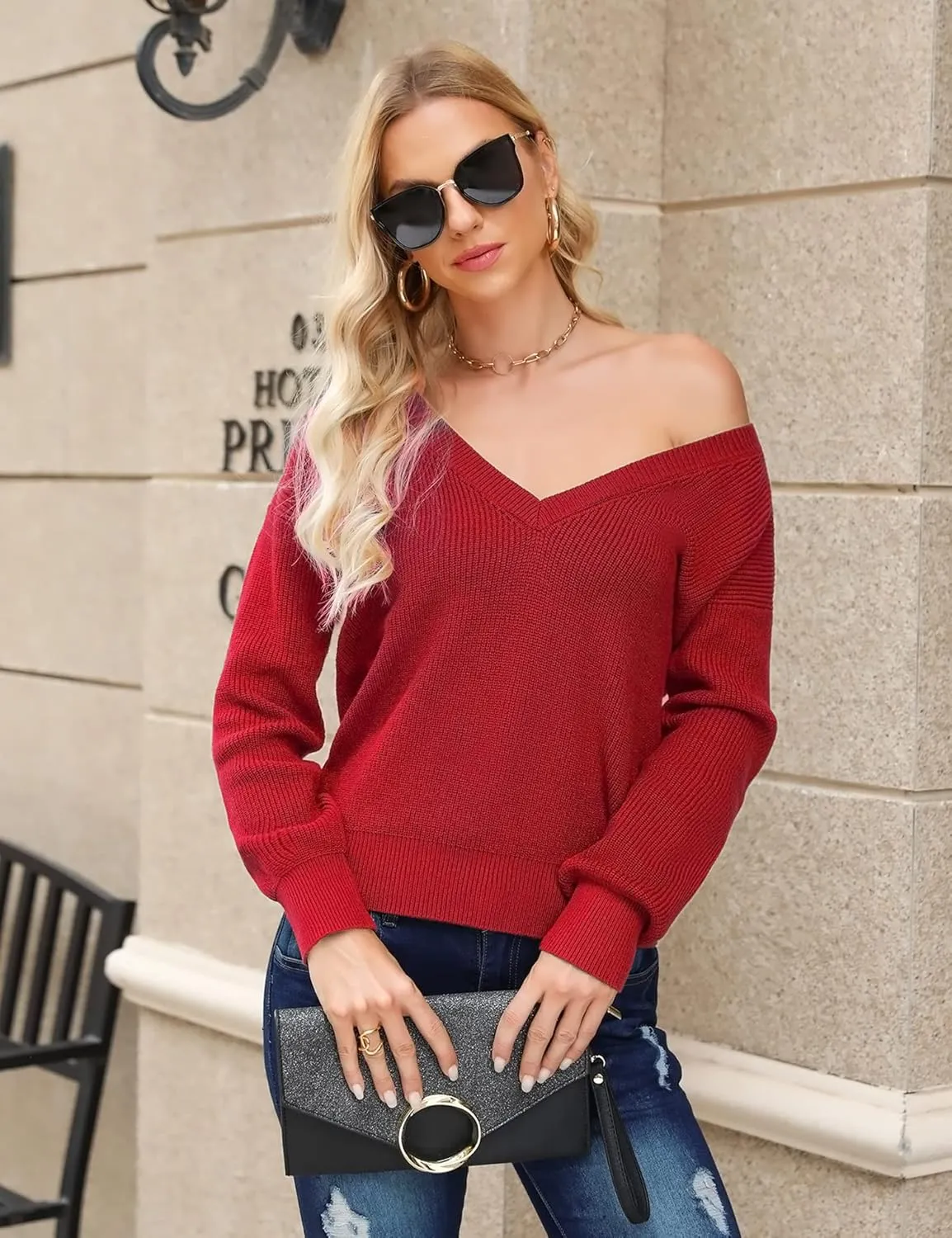 Cowasto Women Sexy Deep V Neck Sweater Christmas Sweaters Casual Long Sleeve Fall Sweaters Pullover