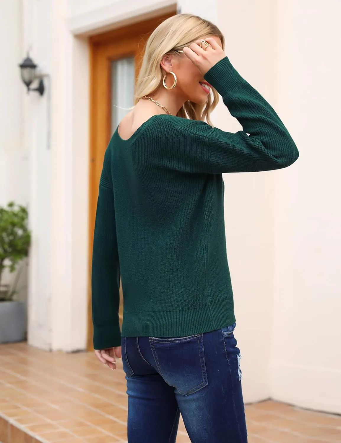 Cowasto Women Sexy Deep V Neck Sweater Christmas Sweaters Casual Long Sleeve Fall Sweaters Pullover