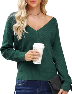 Cowasto Women Sexy Deep V Neck Sweater Christmas Sweaters Casual Long Sleeve Fall Sweaters Pullover