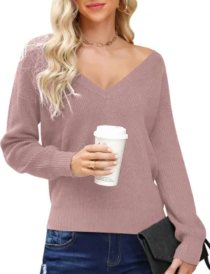 Cowasto Women Sexy Deep V Neck Sweater Christmas Sweaters Casual Long Sleeve Fall Sweaters Pullover