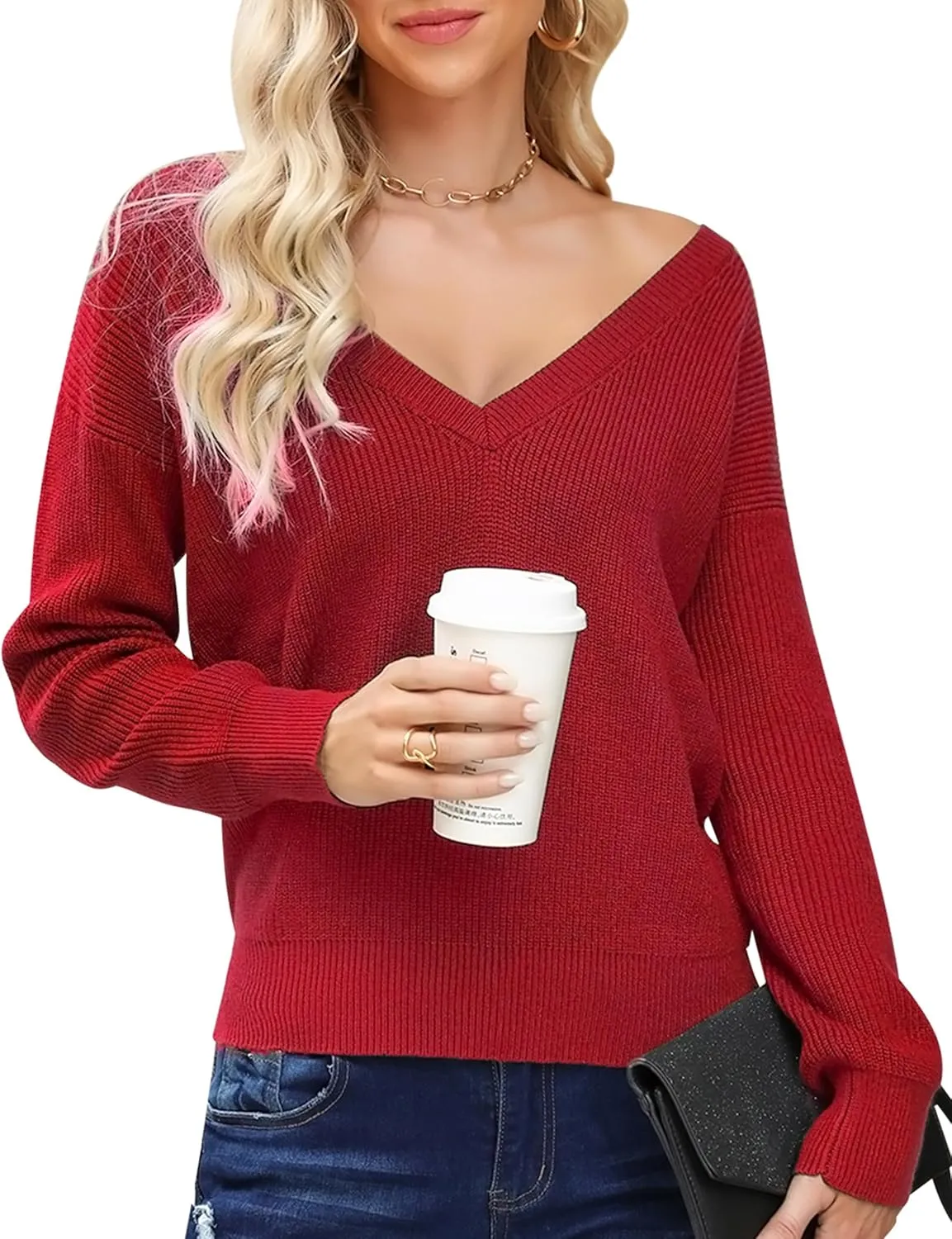 Cowasto Women Sexy Deep V Neck Sweater Christmas Sweaters Casual Long Sleeve Fall Sweaters Pullover
