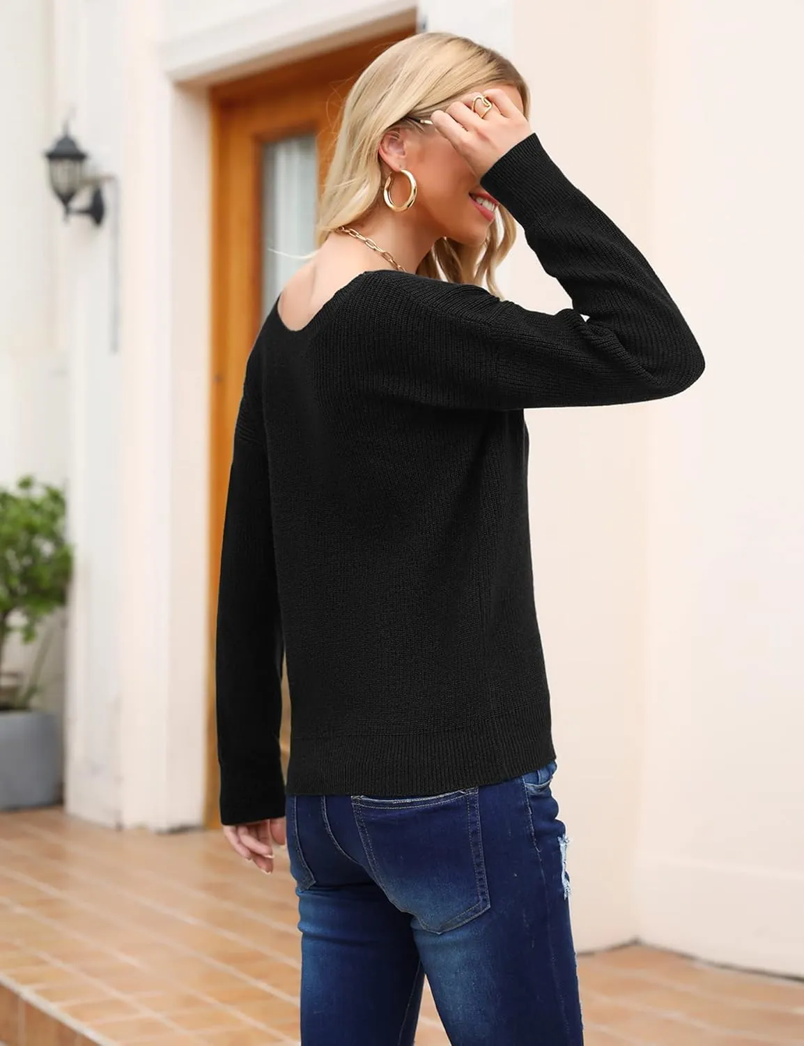 Cowasto Women Sexy Deep V Neck Sweater Christmas Sweaters Casual Long Sleeve Fall Sweaters Pullover