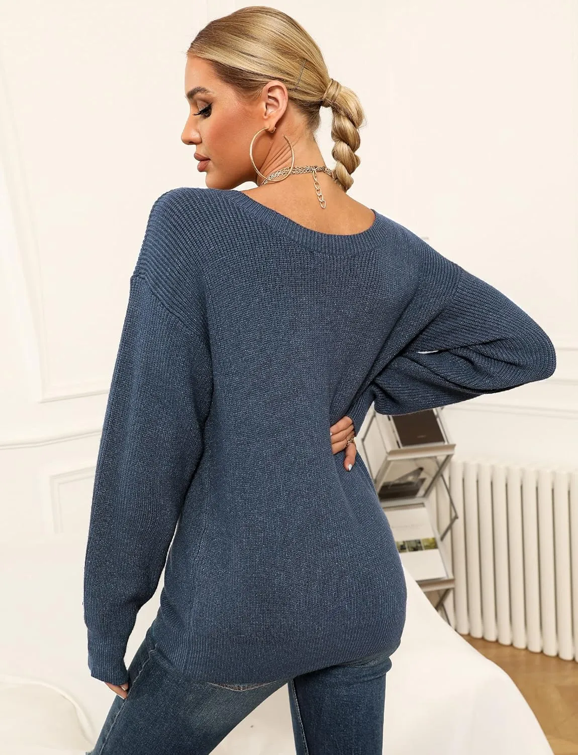 Cowasto Women Sexy Deep V Neck Sweater Christmas Sweaters Casual Long Sleeve Fall Sweaters Pullover