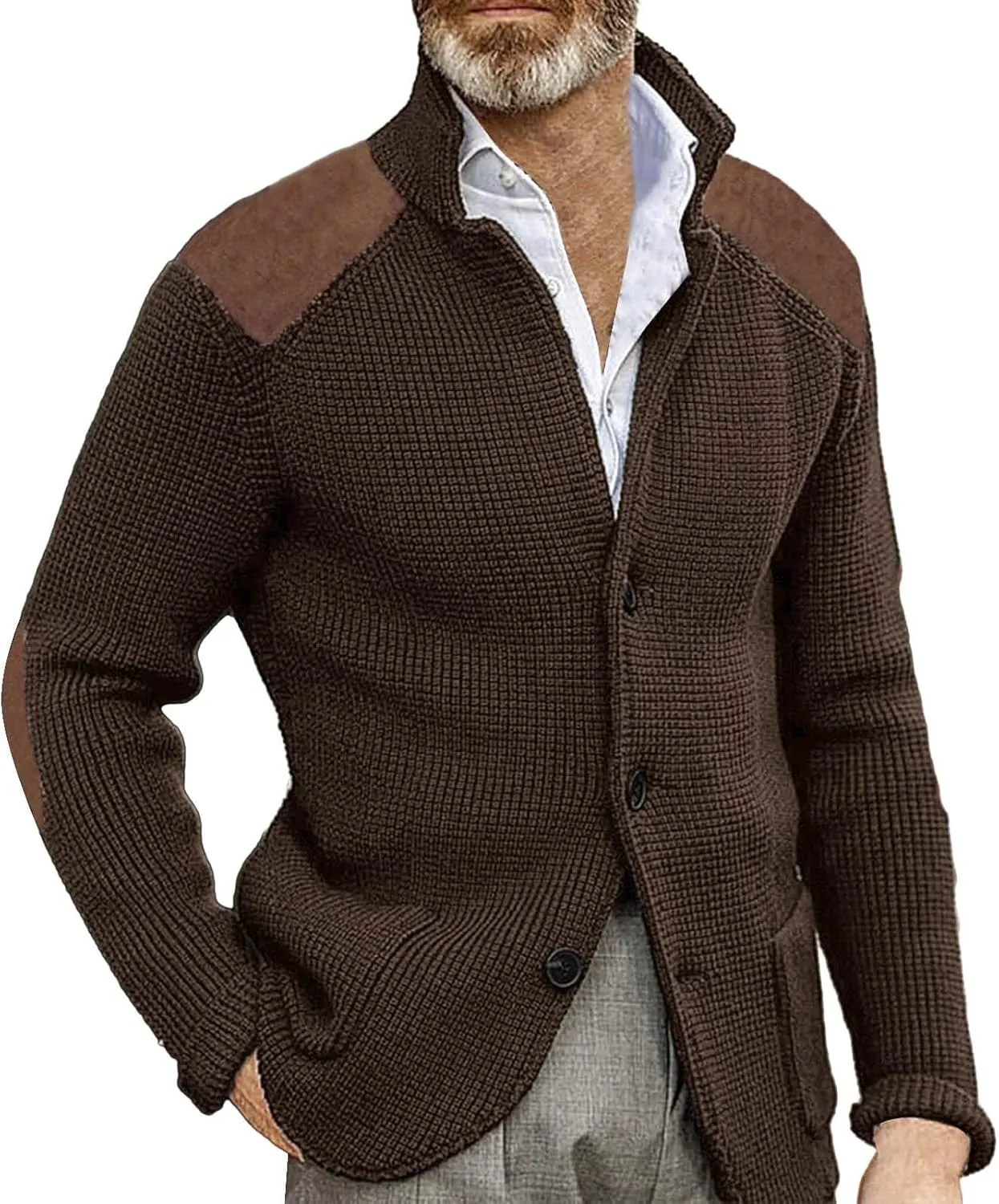 CRNTCEM Mens Button Down Knitted Cardigan Sweater Stand Collar Chunky Warm Knit Coats Casual Open Front Sweaters with Patches