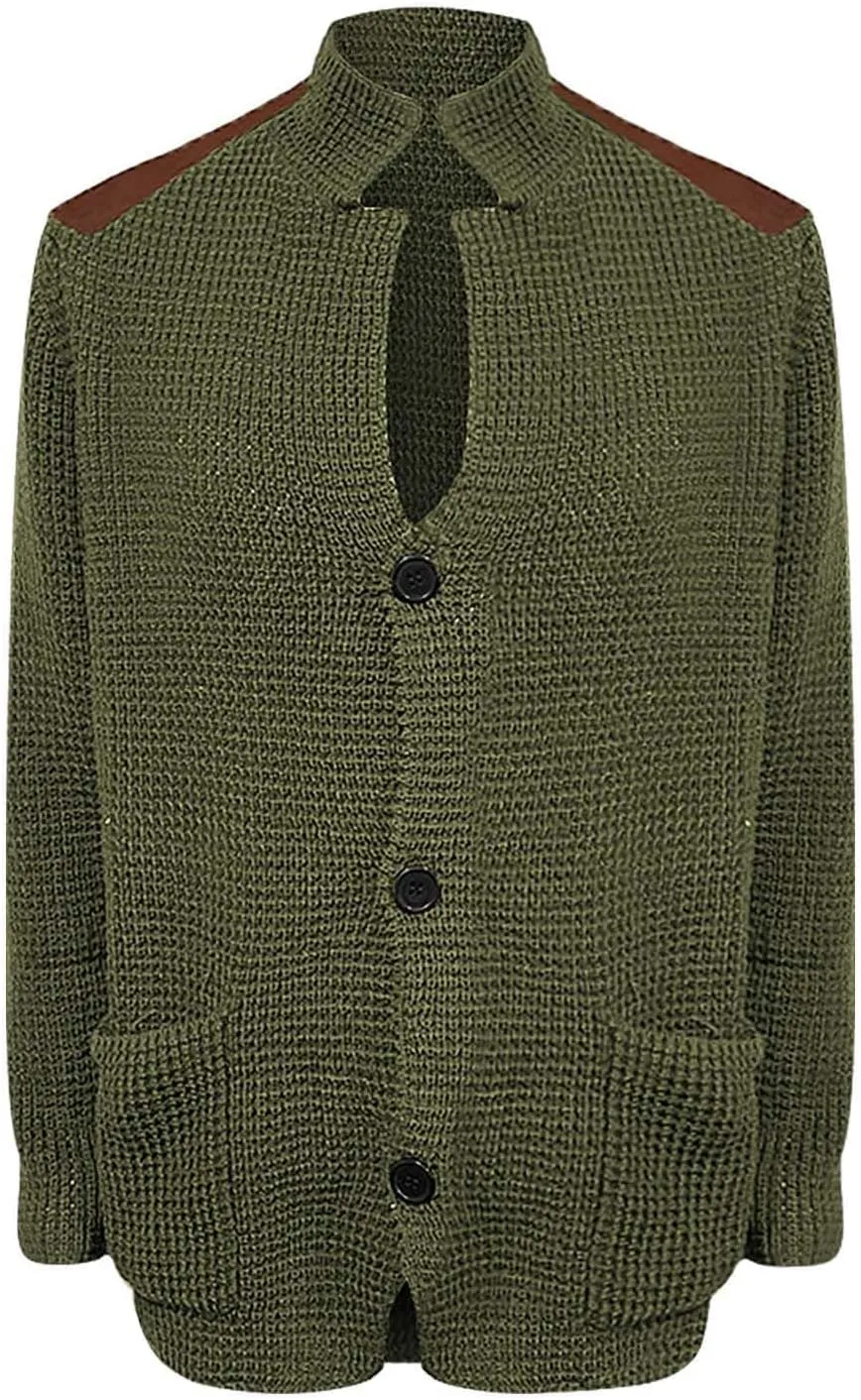 CRNTCEM Mens Button Down Knitted Cardigan Sweater Stand Collar Chunky Warm Knit Coats Casual Open Front Sweaters with Patches