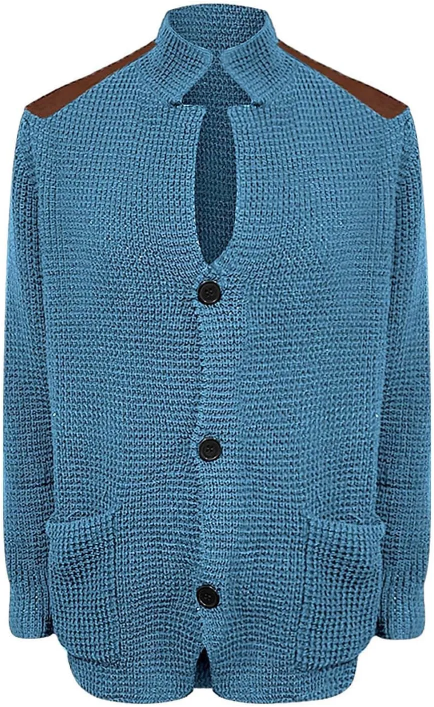 CRNTCEM Mens Button Down Knitted Cardigan Sweater Stand Collar Chunky Warm Knit Coats Casual Open Front Sweaters with Patches