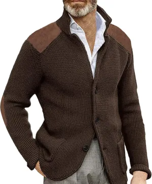CRNTCEM Mens Button Down Knitted Cardigan Sweater Stand Collar Chunky Warm Knit Coats Casual Open Front Sweaters with Patches