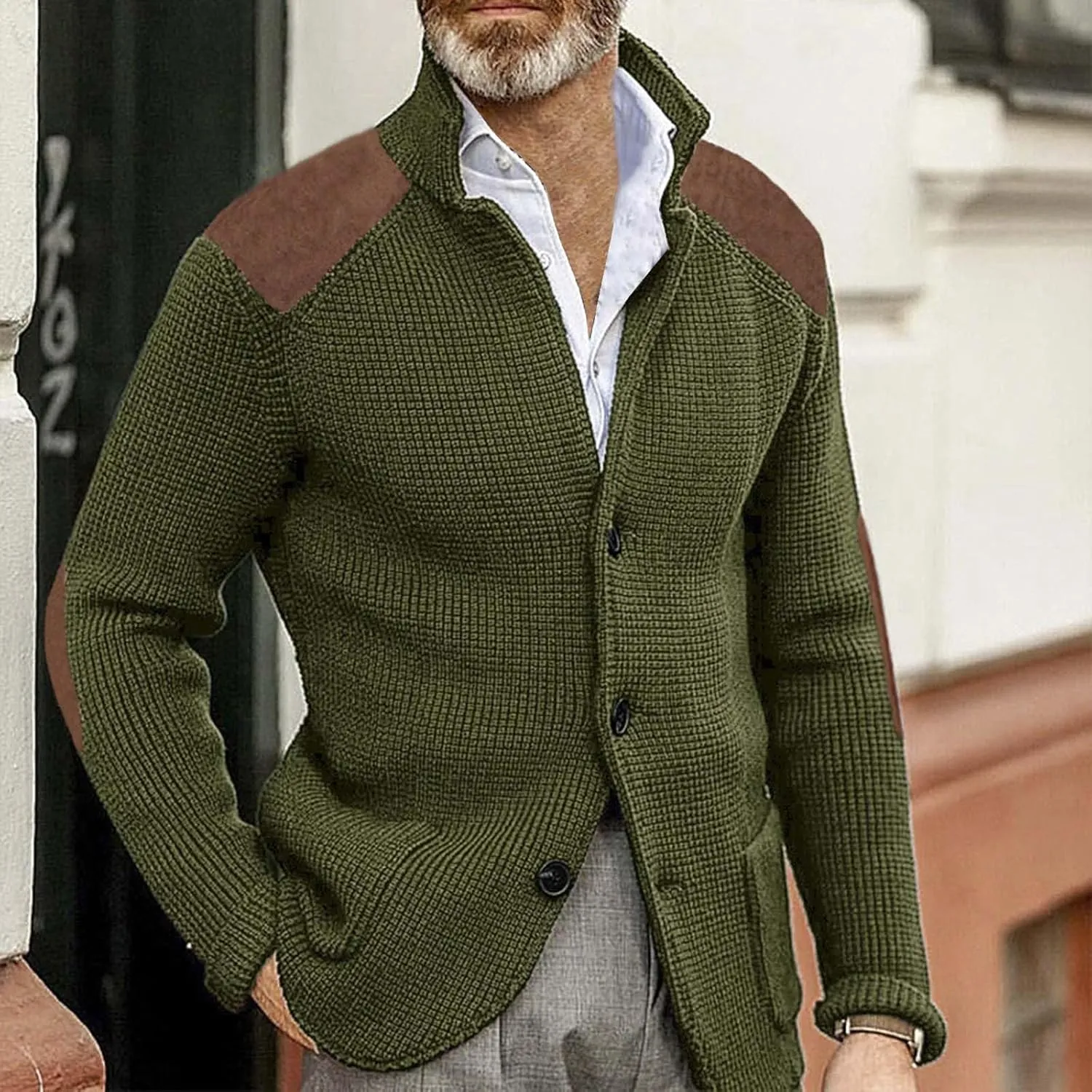 CRNTCEM Mens Button Down Knitted Cardigan Sweater Stand Collar Chunky Warm Knit Coats Casual Open Front Sweaters with Patches