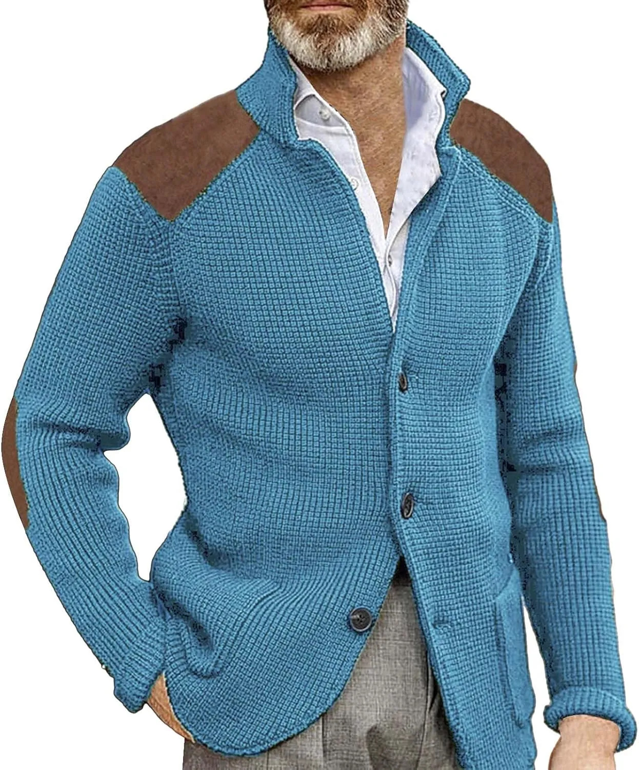 CRNTCEM Mens Button Down Knitted Cardigan Sweater Stand Collar Chunky Warm Knit Coats Casual Open Front Sweaters with Patches