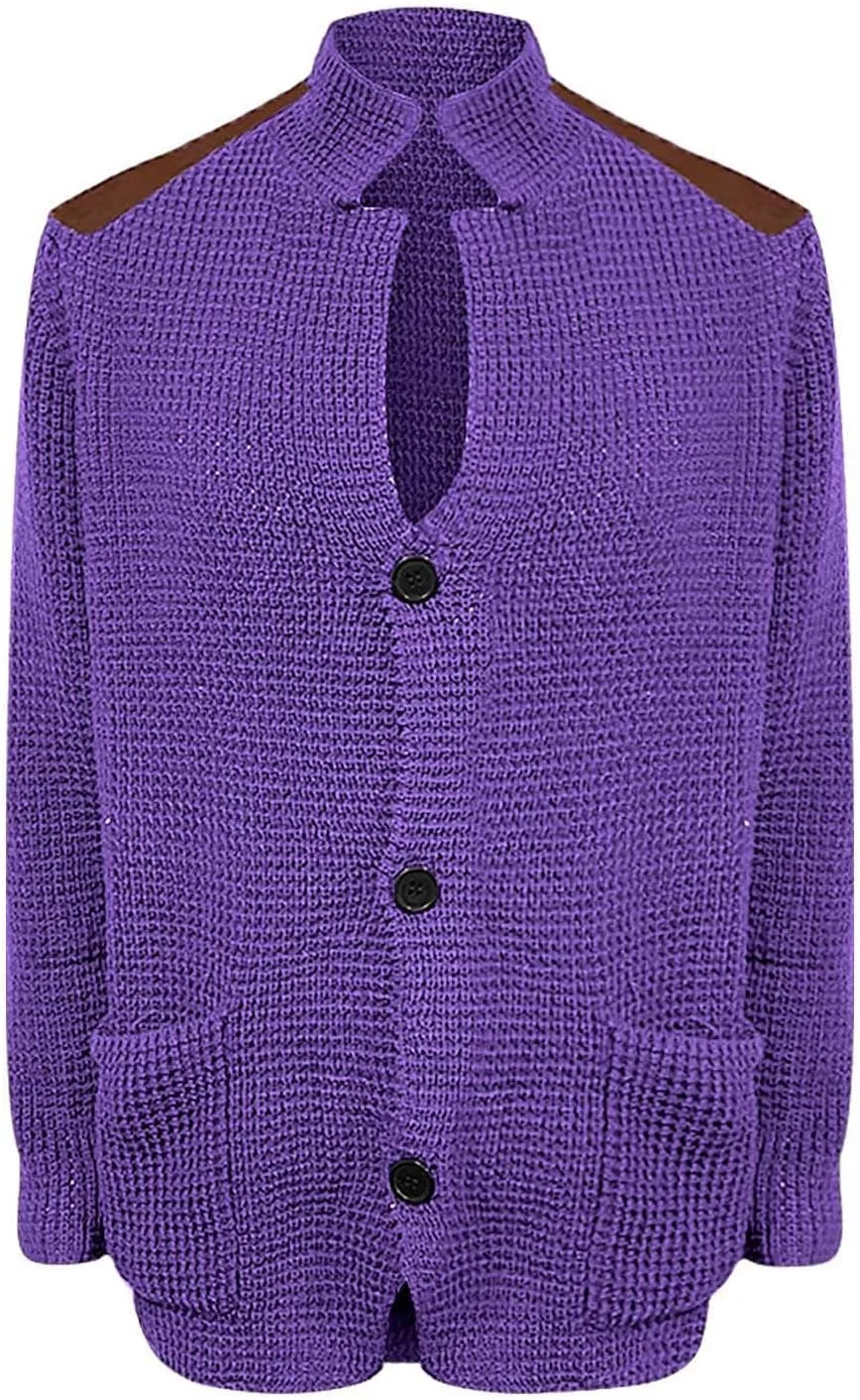 CRNTCEM Mens Button Down Knitted Cardigan Sweater Stand Collar Chunky Warm Knit Coats Casual Open Front Sweaters with Patches