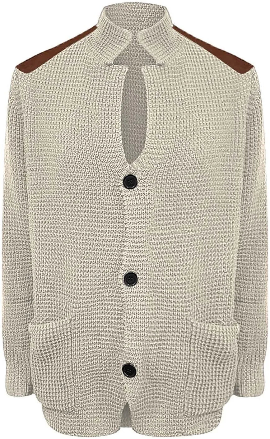 CRNTCEM Mens Button Down Knitted Cardigan Sweater Stand Collar Chunky Warm Knit Coats Casual Open Front Sweaters with Patches