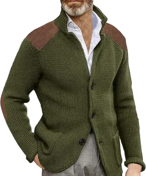 CRNTCEM Mens Button Down Knitted Cardigan Sweater Stand Collar Chunky Warm Knit Coats Casual Open Front Sweaters with Patches