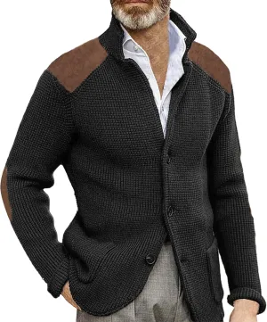 CRNTCEM Mens Button Down Knitted Cardigan Sweater Stand Collar Chunky Warm Knit Coats Casual Open Front Sweaters with Patches