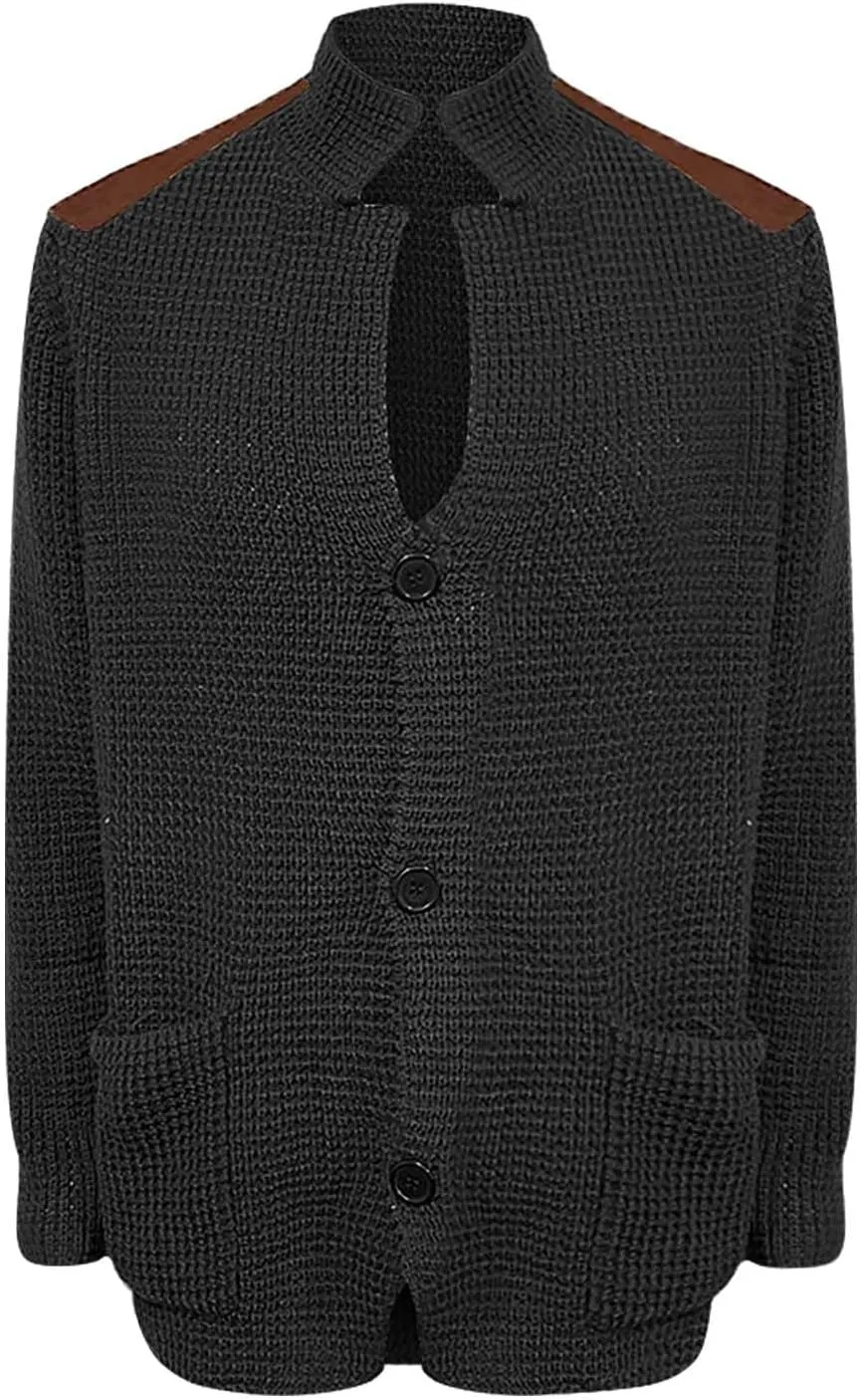 CRNTCEM Mens Button Down Knitted Cardigan Sweater Stand Collar Chunky Warm Knit Coats Casual Open Front Sweaters with Patches