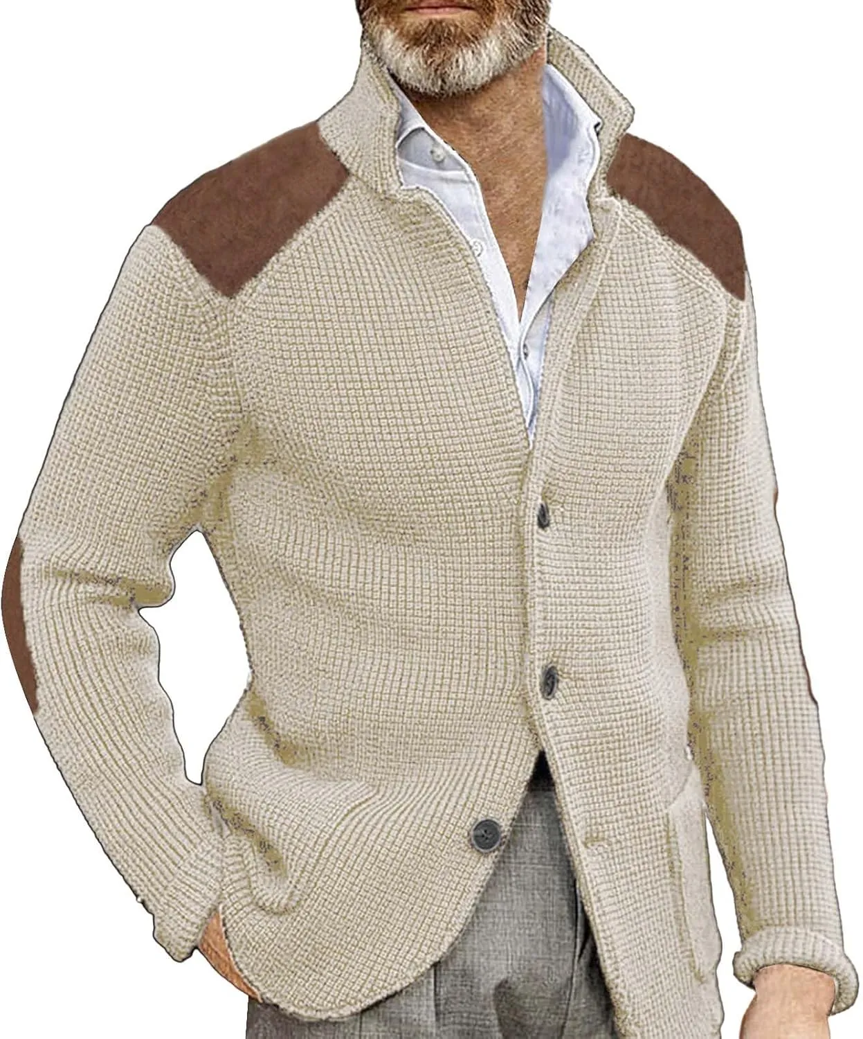 CRNTCEM Mens Button Down Knitted Cardigan Sweater Stand Collar Chunky Warm Knit Coats Casual Open Front Sweaters with Patches
