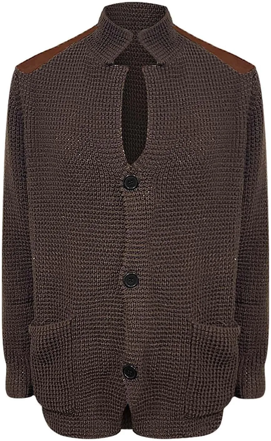 CRNTCEM Mens Button Down Knitted Cardigan Sweater Stand Collar Chunky Warm Knit Coats Casual Open Front Sweaters with Patches