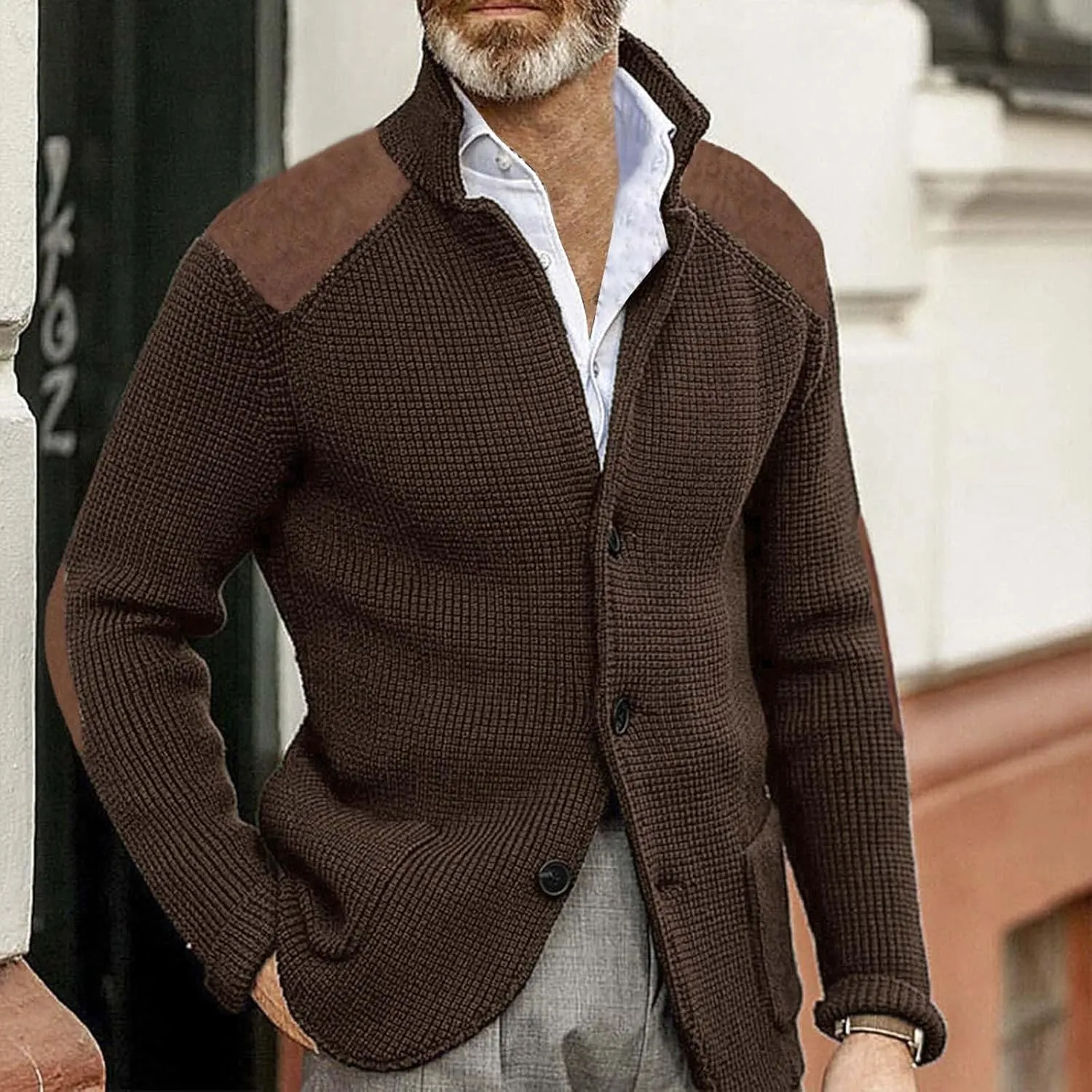 CRNTCEM Mens Button Down Knitted Cardigan Sweater Stand Collar Chunky Warm Knit Coats Casual Open Front Sweaters with Patches