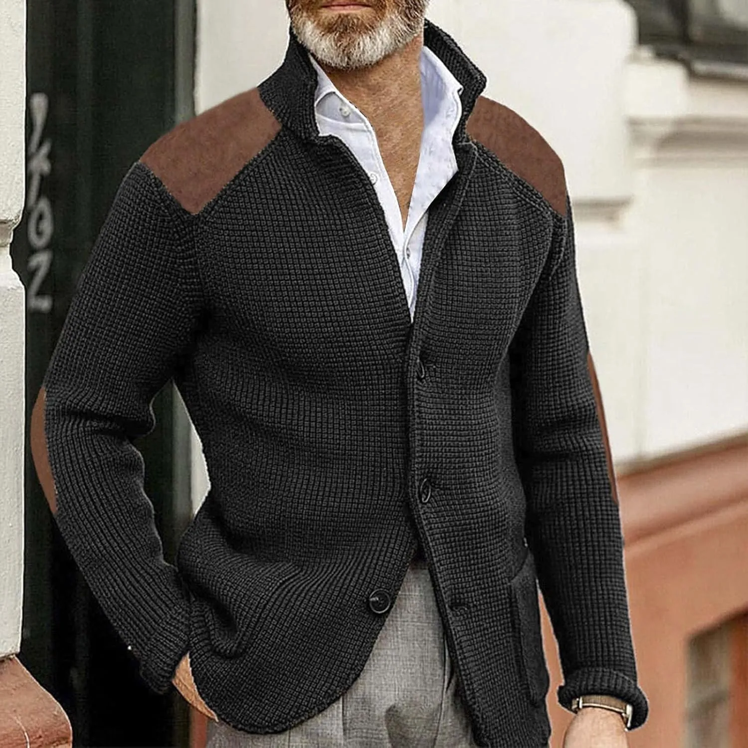 CRNTCEM Mens Button Down Knitted Cardigan Sweater Stand Collar Chunky Warm Knit Coats Casual Open Front Sweaters with Patches
