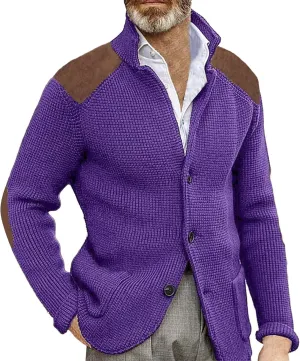 CRNTCEM Mens Button Down Knitted Cardigan Sweater Stand Collar Chunky Warm Knit Coats Casual Open Front Sweaters with Patches