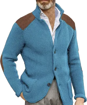 CRNTCEM Mens Button Down Knitted Cardigan Sweater Stand Collar Chunky Warm Knit Coats Casual Open Front Sweaters with Patches