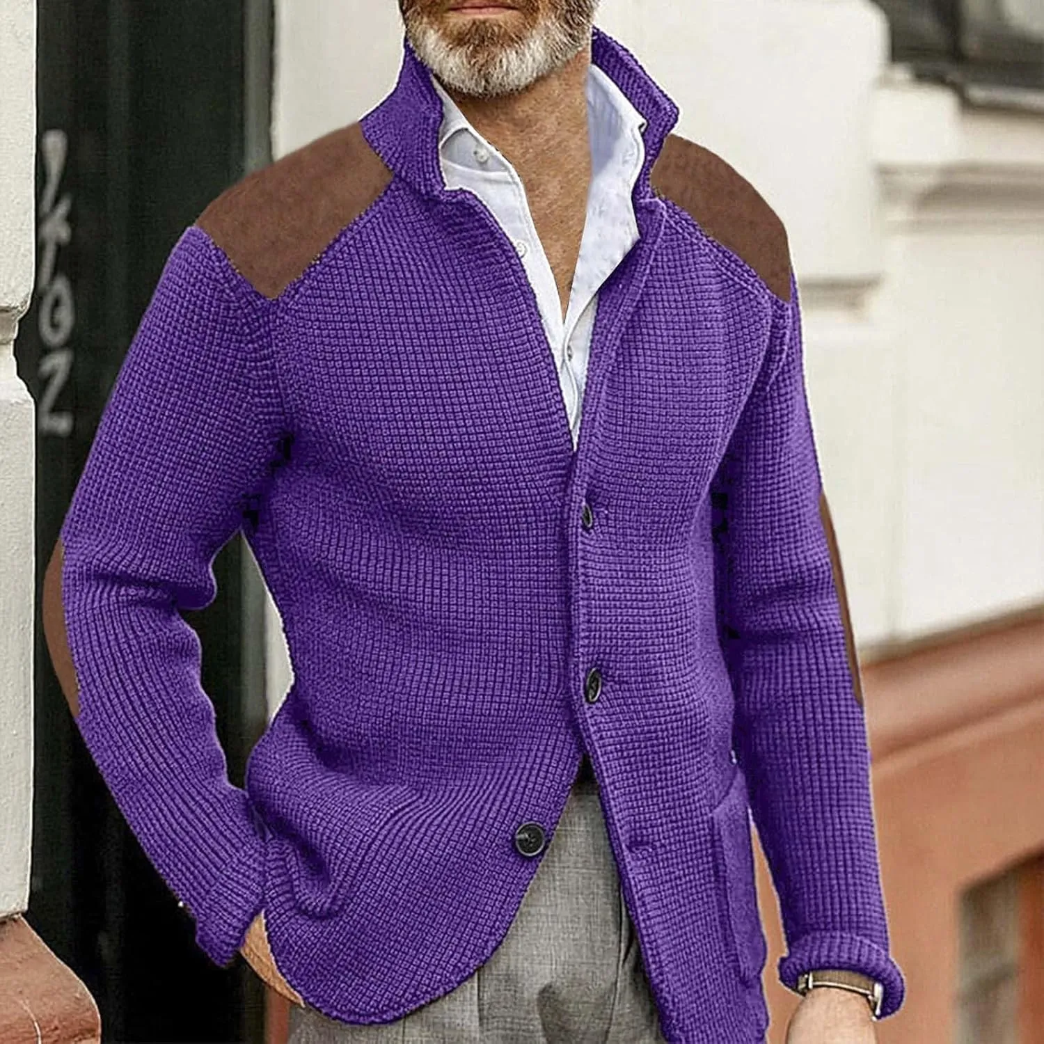 CRNTCEM Mens Button Down Knitted Cardigan Sweater Stand Collar Chunky Warm Knit Coats Casual Open Front Sweaters with Patches