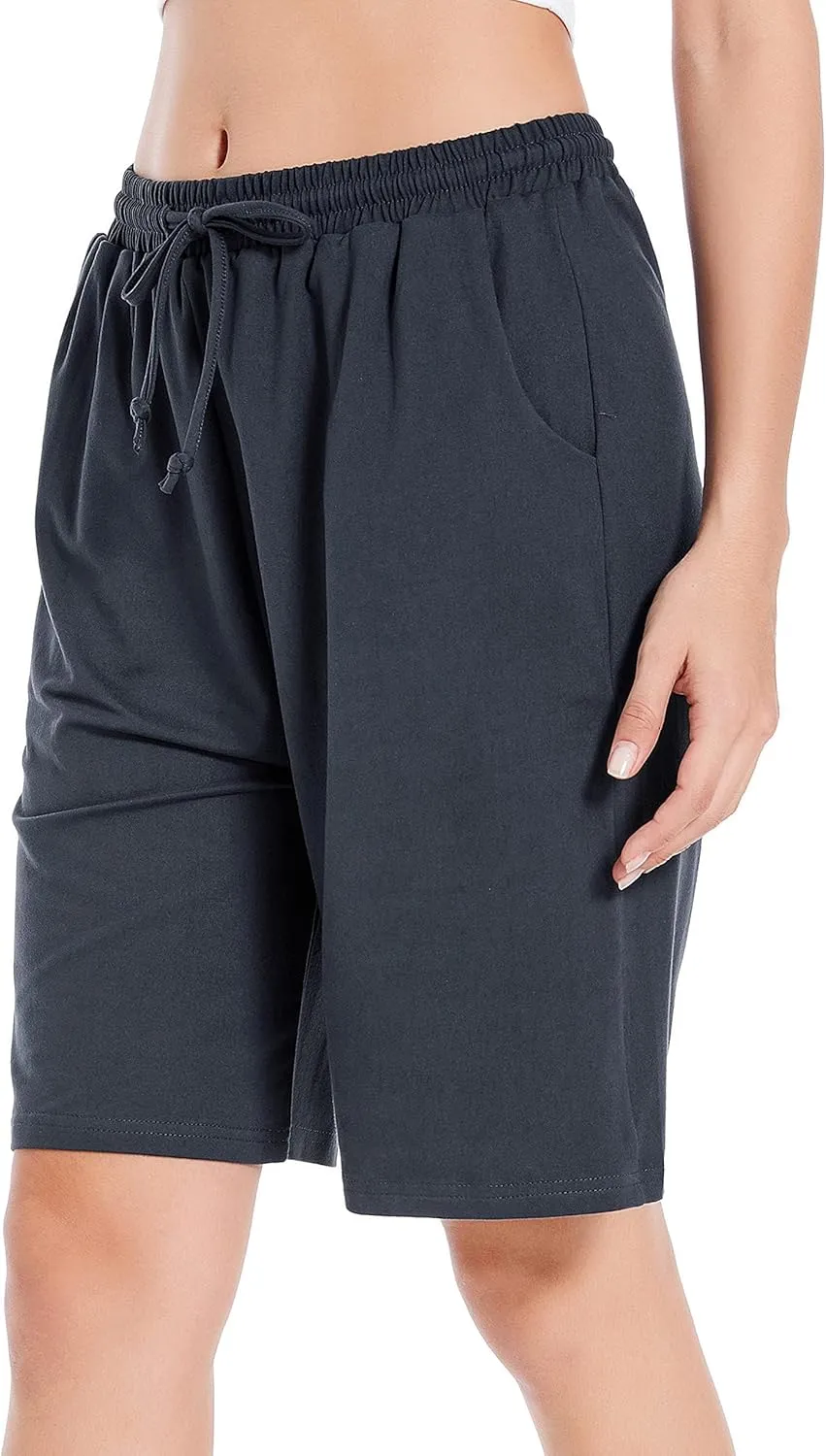 CULAYII Women's High Waisted Basketball Shorts Long Bermuda Gym Yoga Shorts with Pockets Athletic Knee Length Running Shorts
