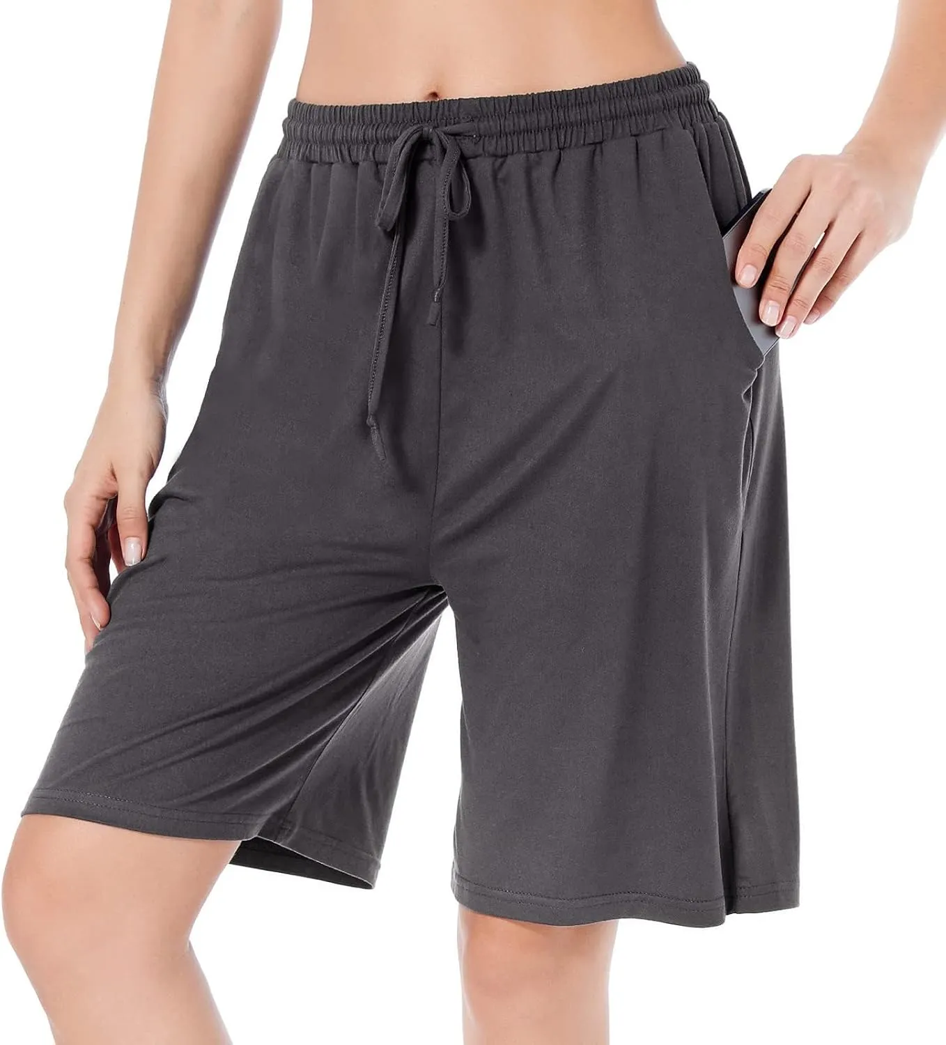 CULAYII Women's High Waisted Basketball Shorts Long Bermuda Gym Yoga Shorts with Pockets Athletic Knee Length Running Shorts