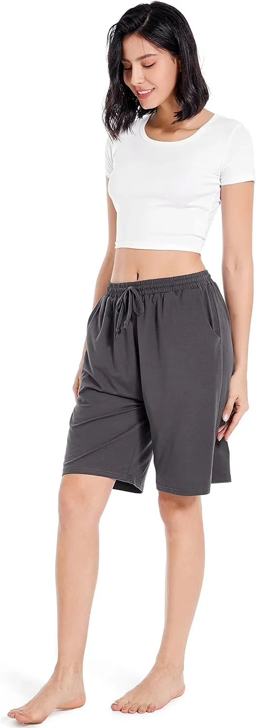 CULAYII Women's High Waisted Basketball Shorts Long Bermuda Gym Yoga Shorts with Pockets Athletic Knee Length Running Shorts