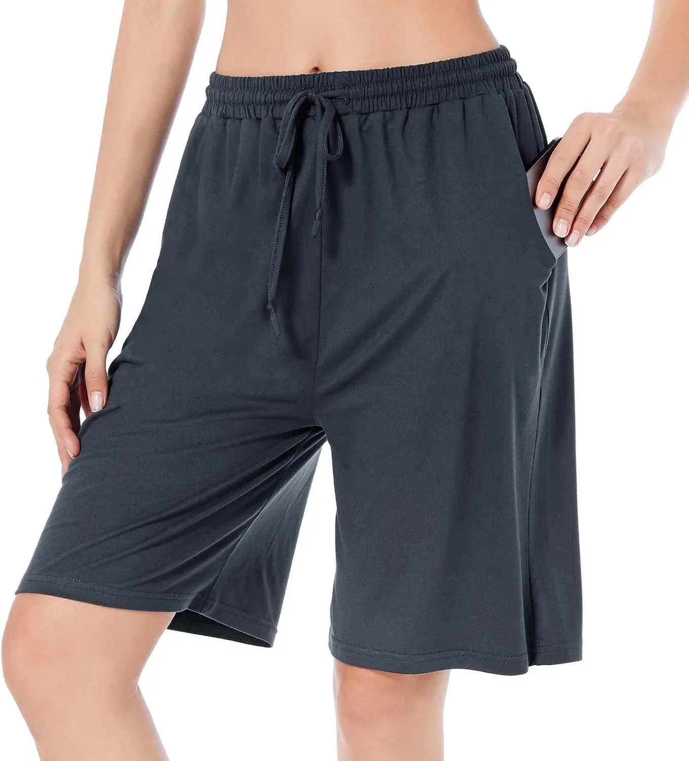 CULAYII Women's High Waisted Basketball Shorts Long Bermuda Gym Yoga Shorts with Pockets Athletic Knee Length Running Shorts