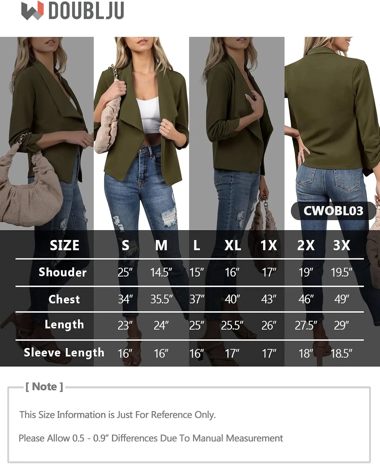 DOUBLJU Ruched 3/4 Sleeve Open Front Draped Blazers Business Casual Basic Work Jackets for Womens Clothes with Plus Size