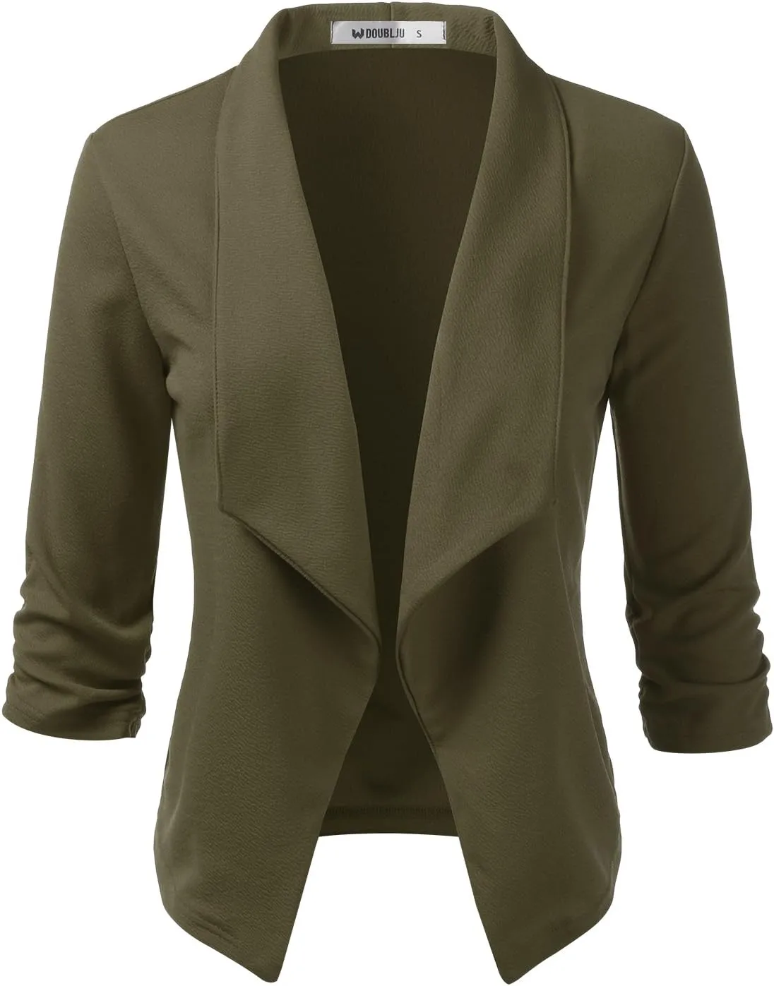 DOUBLJU Ruched 3/4 Sleeve Open Front Draped Blazers Business Casual Basic Work Jackets for Womens Clothes with Plus Size