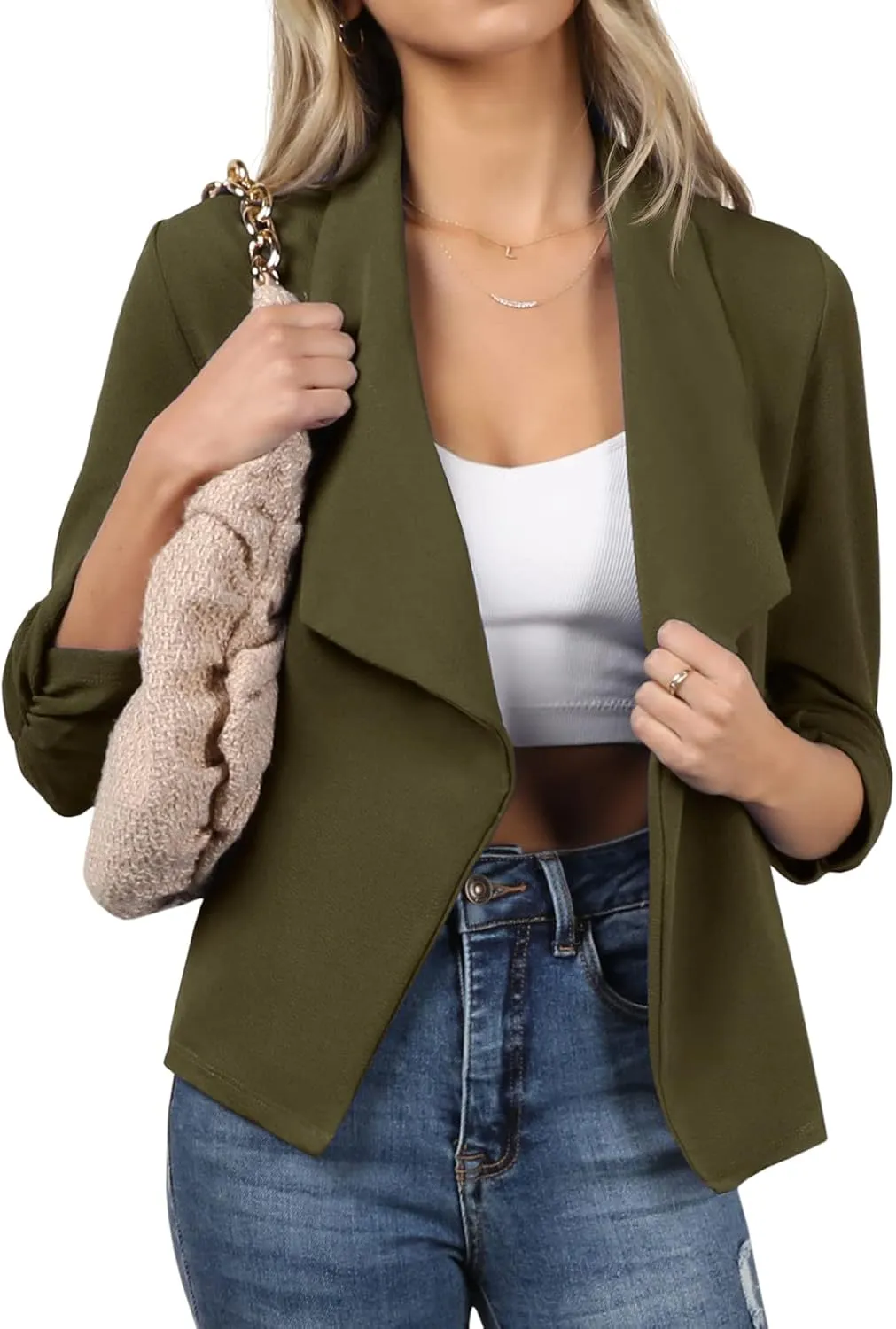 DOUBLJU Ruched 3/4 Sleeve Open Front Draped Blazers Business Casual Basic Work Jackets for Womens Clothes with Plus Size