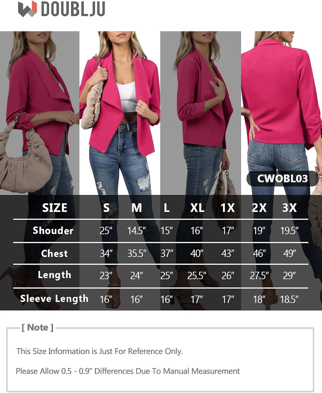DOUBLJU Ruched 3/4 Sleeve Open Front Draped Blazers Business Casual Basic Work Jackets for Womens Clothes with Plus Size
