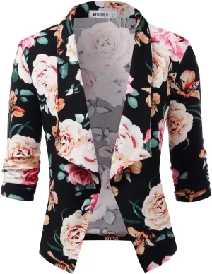 DOUBLJU Ruched 3/4 Sleeve Open Front Draped Blazers Business Casual Basic Work Jackets for Womens Clothes with Plus Size
