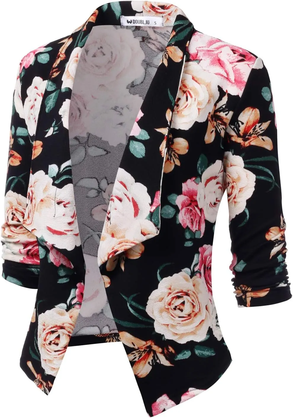 DOUBLJU Ruched 3/4 Sleeve Open Front Draped Blazers Business Casual Basic Work Jackets for Womens Clothes with Plus Size