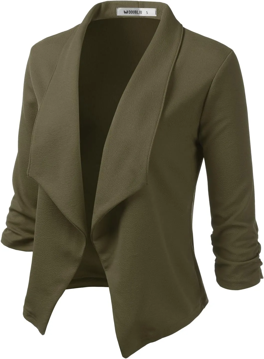DOUBLJU Ruched 3/4 Sleeve Open Front Draped Blazers Business Casual Basic Work Jackets for Womens Clothes with Plus Size
