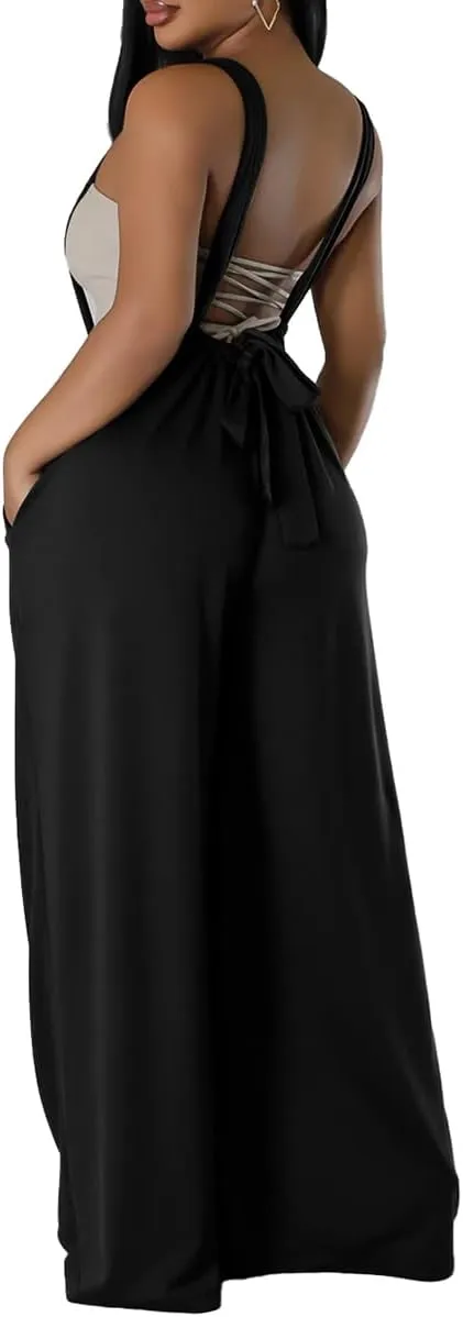 ECHOINE Women's Casual Sleeveless Jumpsuit Overalls Adjustable Strap Baggy Wide Leg Pants with Pockets