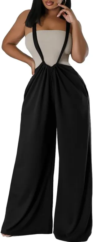 ECHOINE Women's Casual Sleeveless Jumpsuit Overalls Adjustable Strap Baggy Wide Leg Pants with Pockets