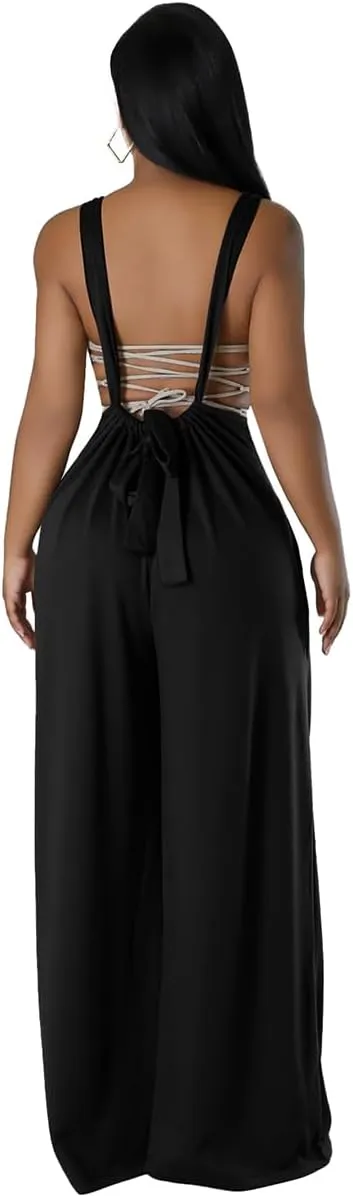 ECHOINE Women's Casual Sleeveless Jumpsuit Overalls Adjustable Strap Baggy Wide Leg Pants with Pockets