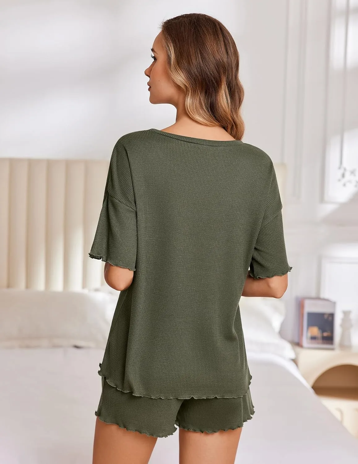 Ekouaer Lounge Sets for Women Waffle Knit Pajama Set Shorts 2 Piece Matching Loungewear Summer Outfits with Pockets