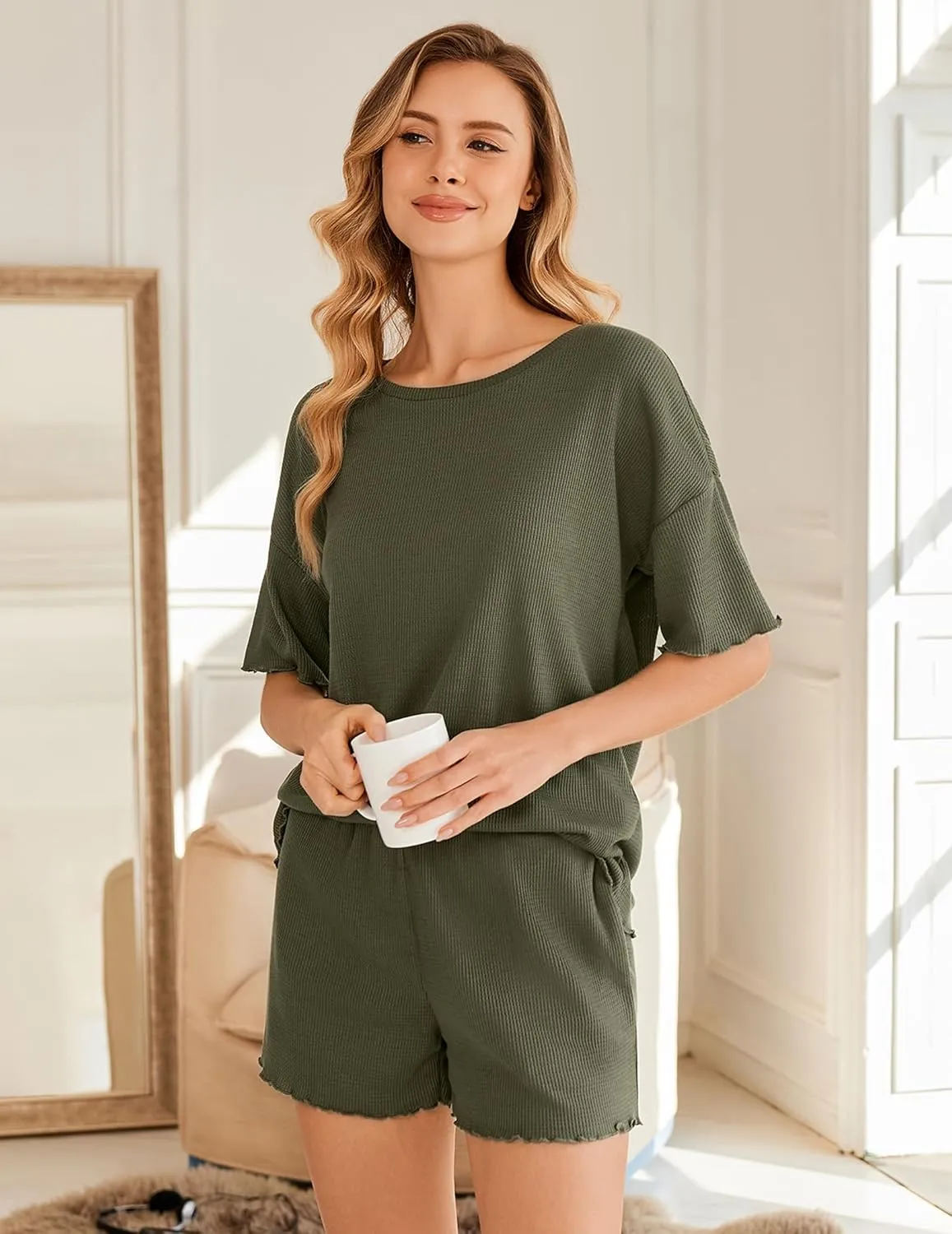 Ekouaer Lounge Sets for Women Waffle Knit Pajama Set Shorts 2 Piece Matching Loungewear Summer Outfits with Pockets