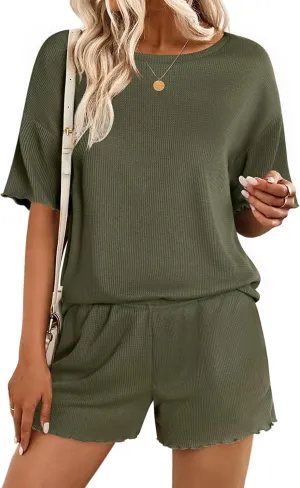 Ekouaer Lounge Sets for Women Waffle Knit Pajama Set Shorts 2 Piece Matching Loungewear Summer Outfits with Pockets