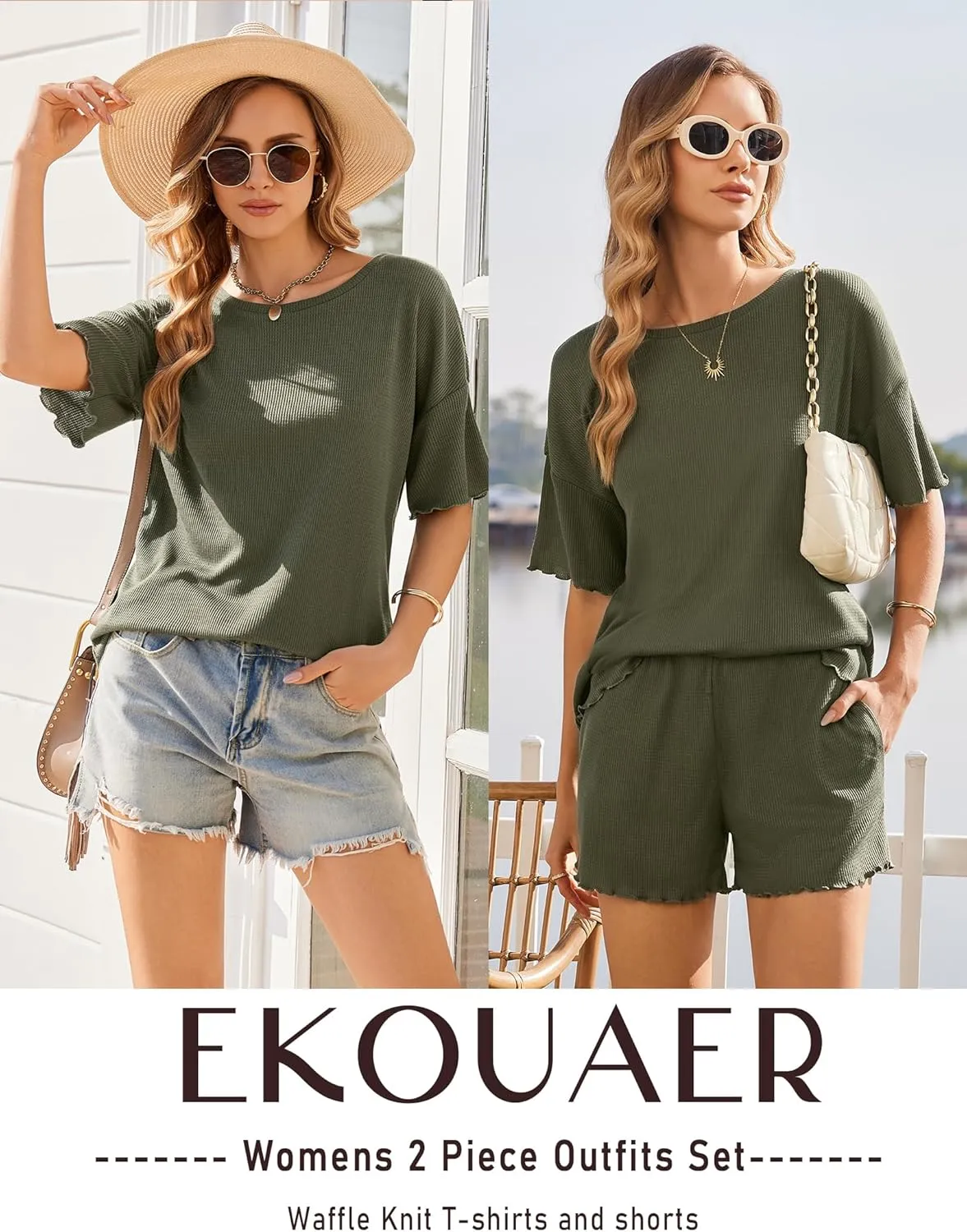 Ekouaer Lounge Sets for Women Waffle Knit Pajama Set Shorts 2 Piece Matching Loungewear Summer Outfits with Pockets