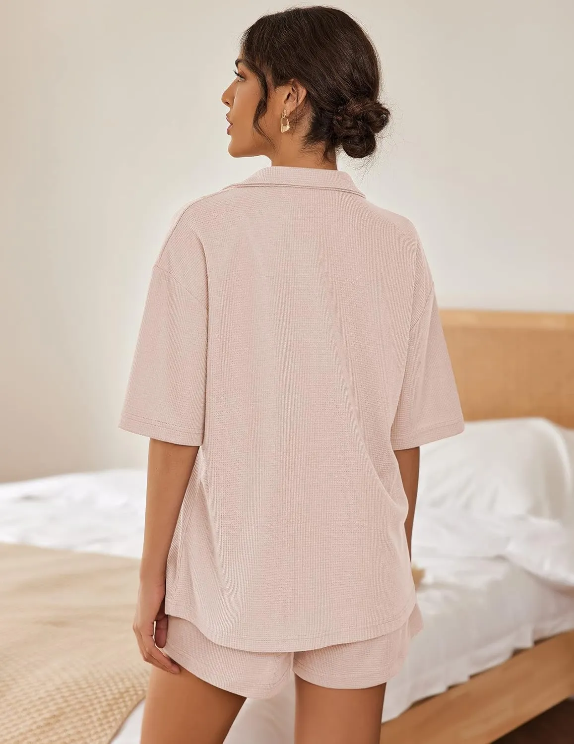 Ekouaer Pajamas for Women Waffle Knit Lounge Set Button Down Loungewear Soft Short Sleeve Pjs Shorts Set S-XXL