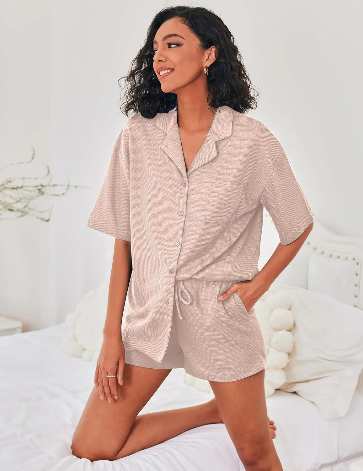 Ekouaer Pajamas for Women Waffle Knit Lounge Set Button Down Loungewear Soft Short Sleeve Pjs Shorts Set S-XXL