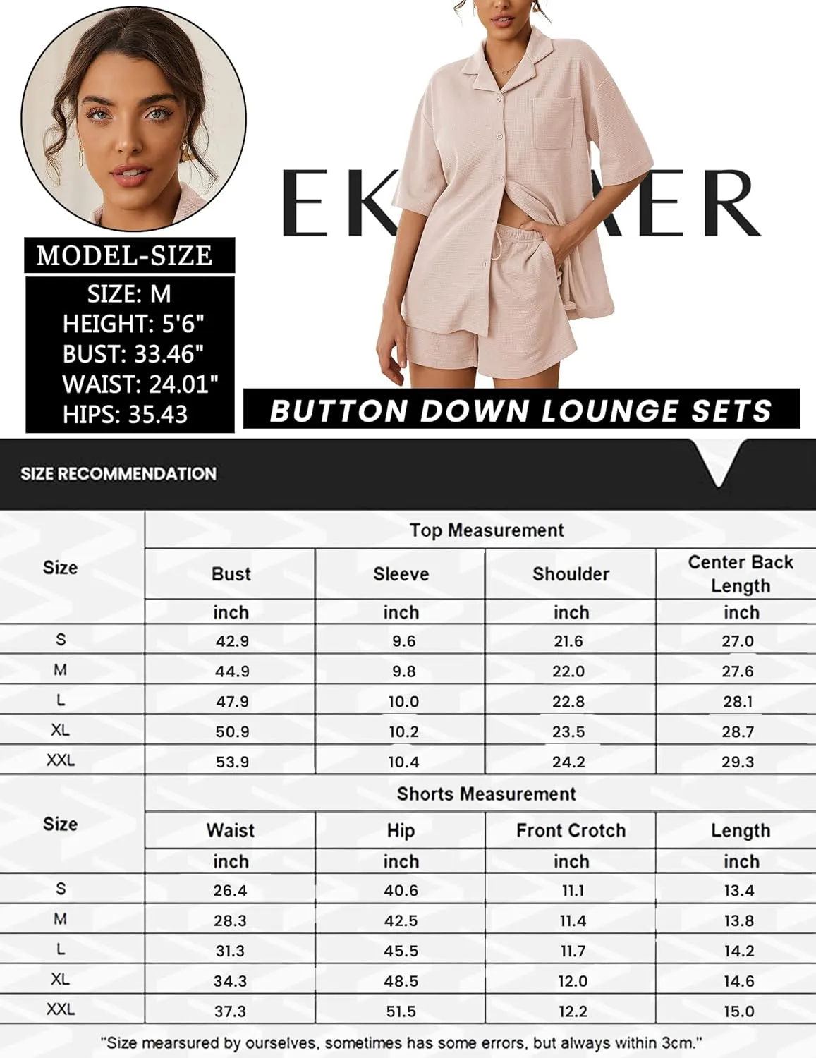 Ekouaer Pajamas for Women Waffle Knit Lounge Set Button Down Loungewear Soft Short Sleeve Pjs Shorts Set S-XXL