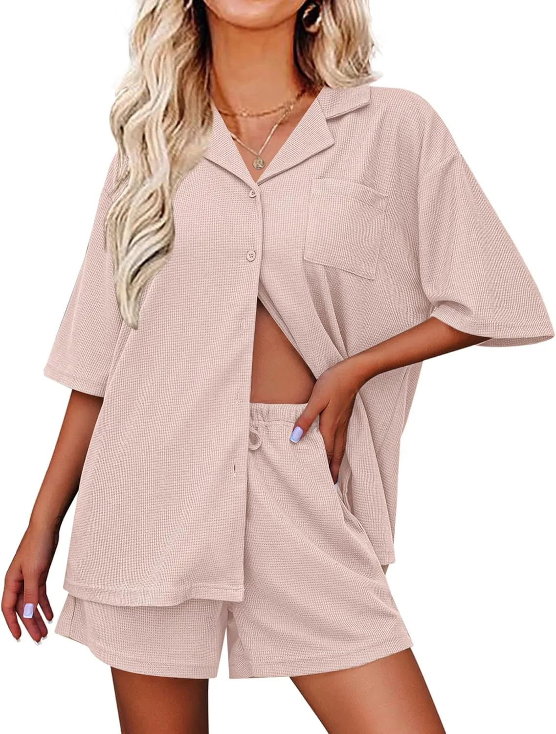 Ekouaer Pajamas for Women Waffle Knit Lounge Set Button Down Loungewear Soft Short Sleeve Pjs Shorts Set S-XXL