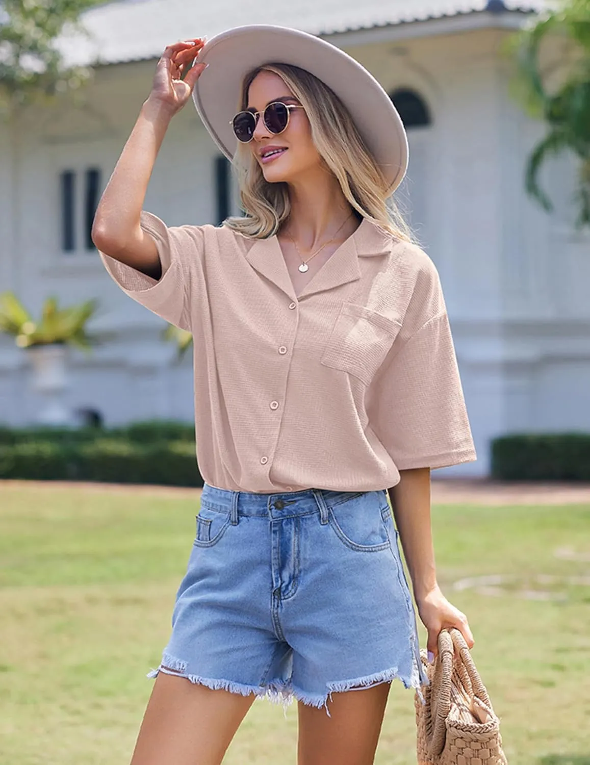 Ekouaer Pajamas for Women Waffle Knit Lounge Set Button Down Loungewear Soft Short Sleeve Pjs Shorts Set S-XXL