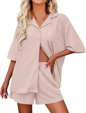 Ekouaer Pajamas for Women Waffle Knit Lounge Set Button Down Loungewear Soft Short Sleeve Pjs Shorts Set S-XXL