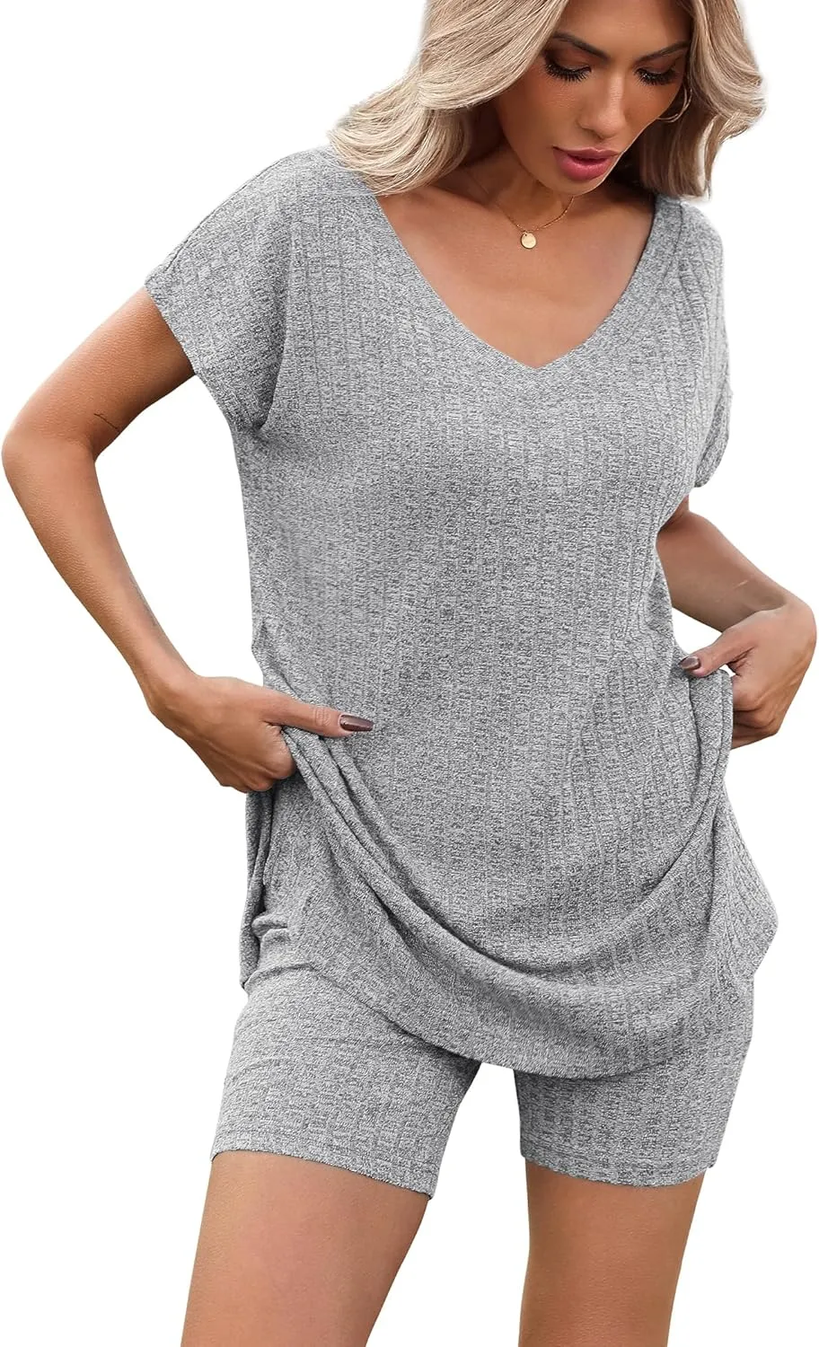 Ekouaer Womens 2 Piece Sets Summer Biker Shorts Set Outfits Knit Loungewear V Neck Workout Sets Tracksuit S-XXL